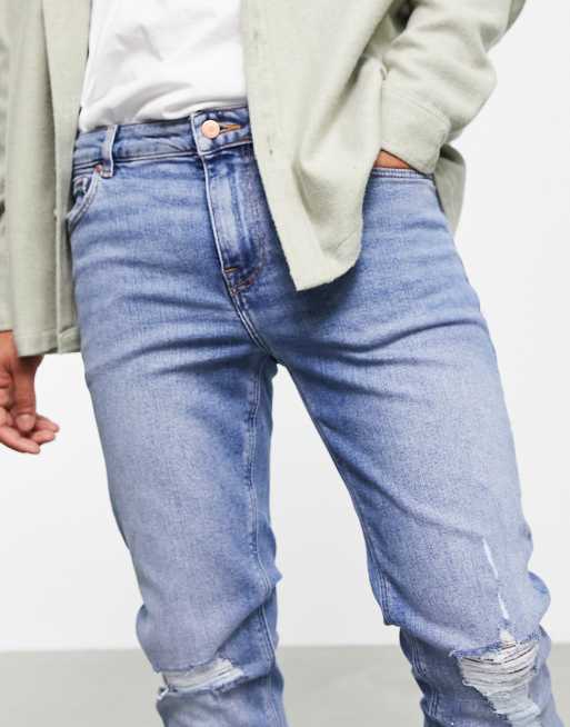 ASOS DESIGN - Jeans skinny lavaggio blu medio con strappi sulle ginocchia, 3 di 4