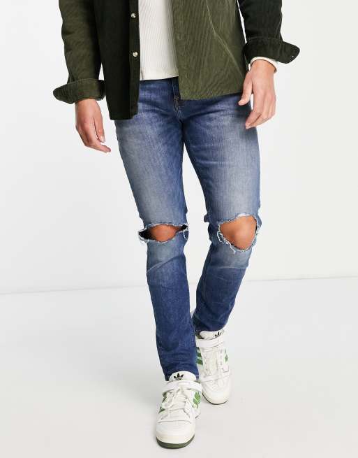 ASOS DESIGN - Jeans skinny lavaggio scuro blu con strappi sulle ginocchia, 3 di 4