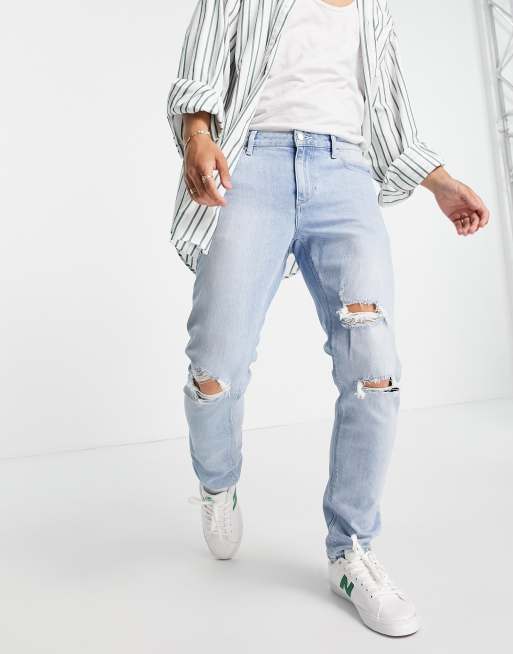 ASOS DESIGN Jeans slim con strappi sulle ginocchia in lavaggio chiaro vintage blu slavato ASOS