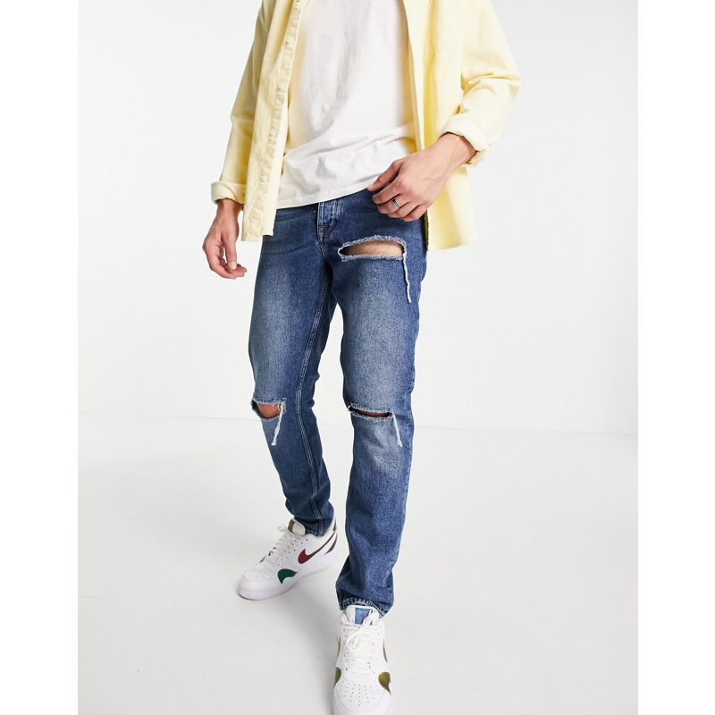 Uomo HQ7rF DESIGN - Jeans slim lavaggio scuro vintage con strappi