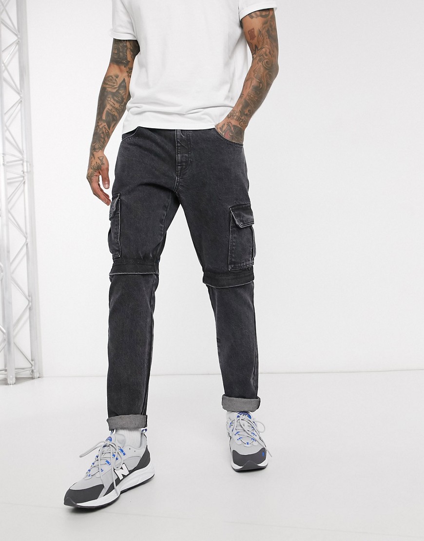 ASOS DESIGN - Jeans slim rigidi lavaggio nero con tasche cargo e zip