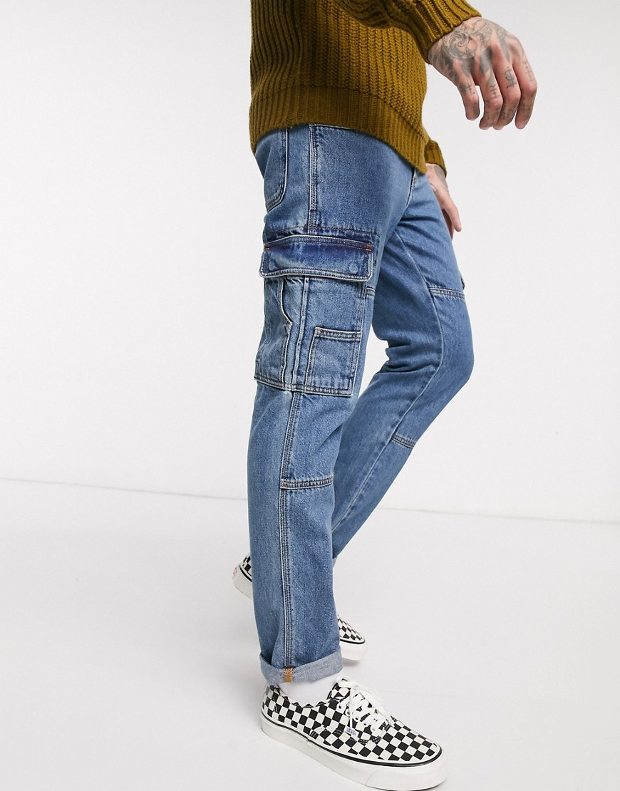 ASOS DESIGN - Jeans slim rigidi multitasche blu lavaggio medio