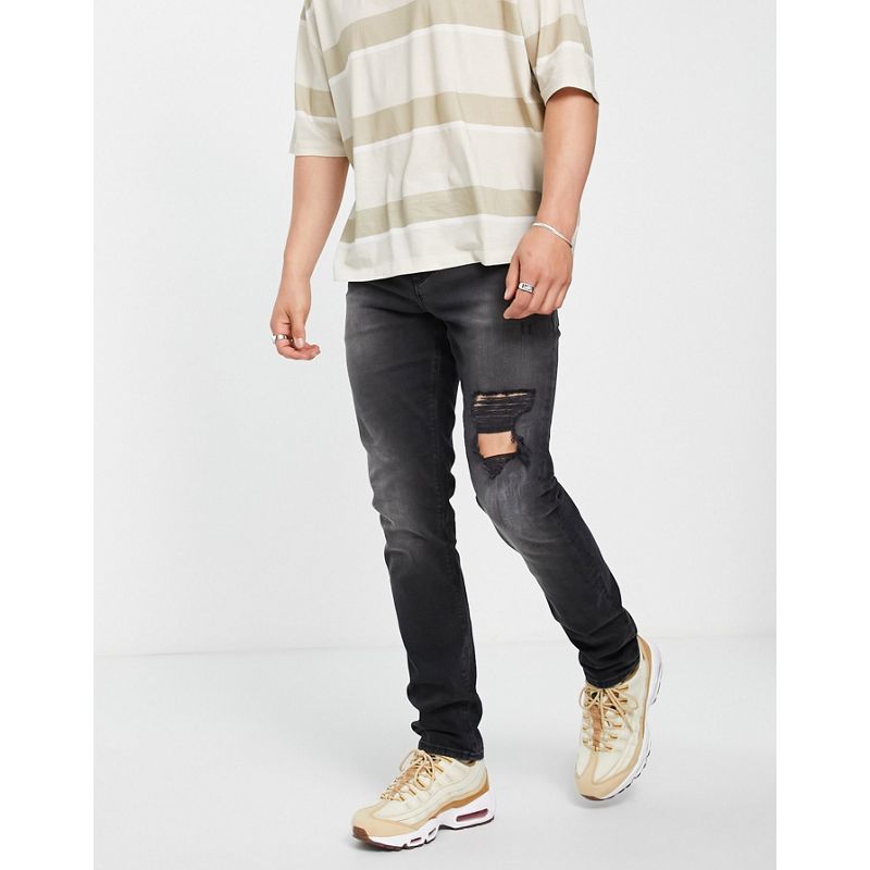 Jeans Uomo DESIGN - Jeans slim stretch nero slavato con strappi