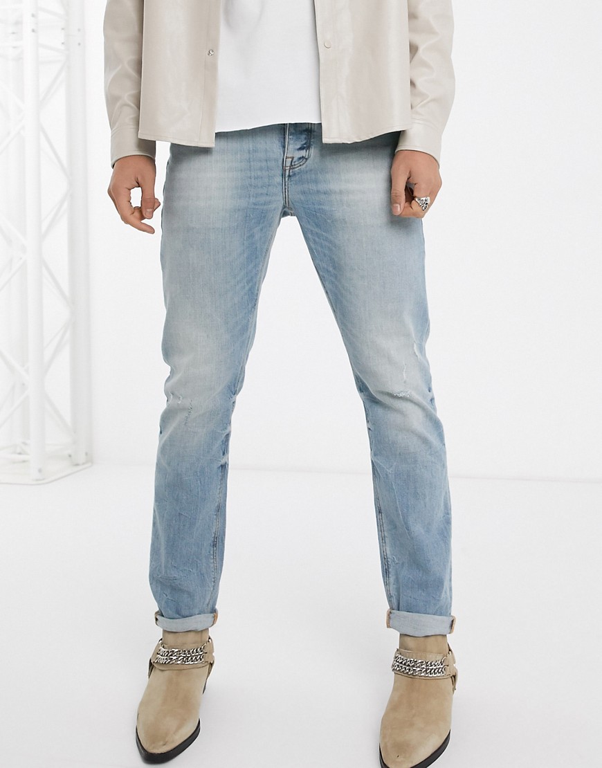 ASOS DESIGN - Jeans stretch slim lavaggio medio vintage honestly worn con abrasioni-Blu