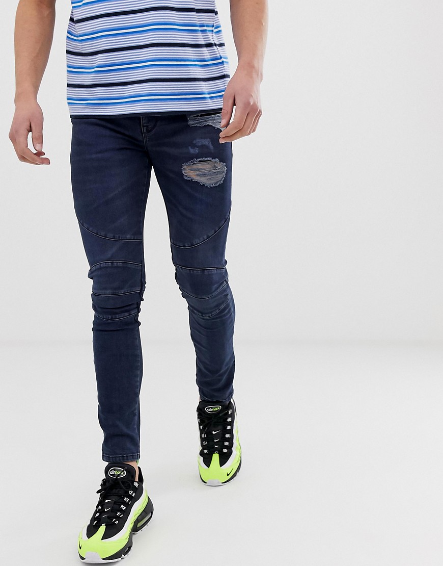ASOS DESIGN - Jeans super skinny biker blu scuro slavato con abrasioni
