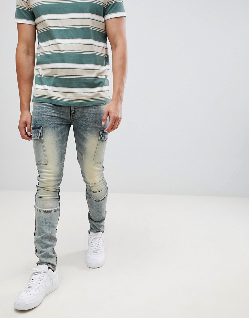 ASOS DESIGN - Jeans super skinny biker lavaggio vintage con tasche cargo-Blu