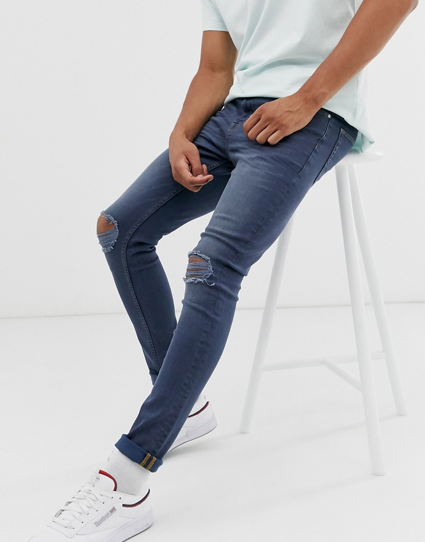 ASOS DESIGN - Jeans super skinny blu polvere con ginocchia strappate