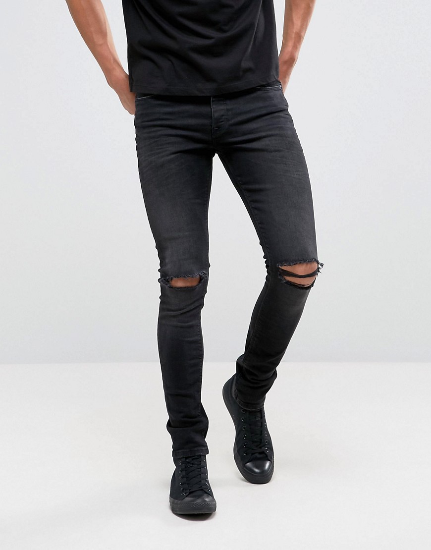 ASOS DESIGN - Jeans super skinny da 12,5 once nero délavé con ginocchia strappate