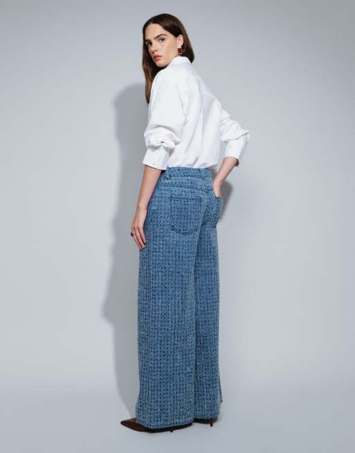 ASOS DESIGN jeans wide leg in bouclé testurizzato blu medio, 2 di 7