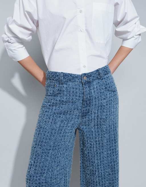 ASOS DESIGN jeans wide leg in bouclé testurizzato blu medio, 5 di 7