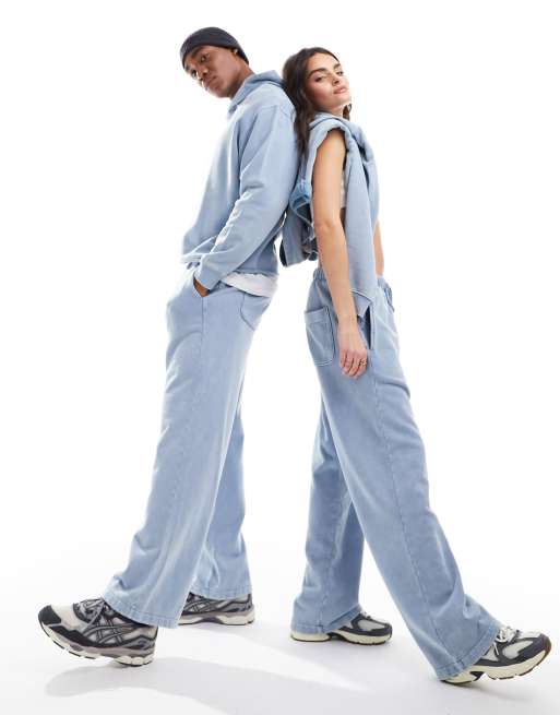 ASOS DESIGN – Jeansblå vida mjukisbyxor i unisex-modell, del av set, 2 av 4