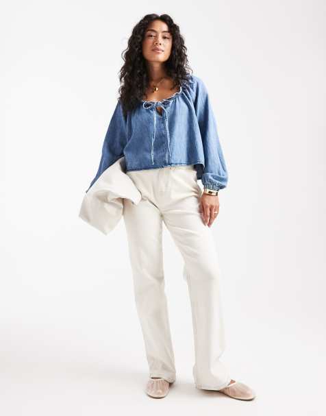 ASOS DESIGN – Jeansbluse in mittelblauer Waschung mit Ballonärmeln und Leinenanteil - view 1