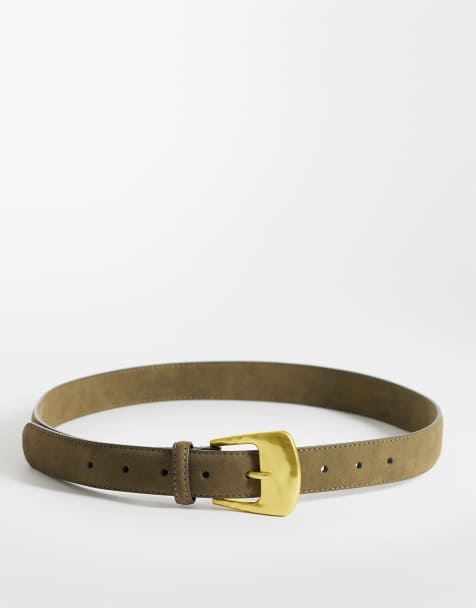 ASOS DESIGN – Jeansgürtel für Taille und Hüfte aus Wildlederimitat in Khaki mit gehämmerter, eckiger Schnalle - view 1