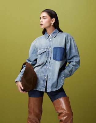 ASOS DESIGN - Jeanshemd im Patchwork-Design-Blau