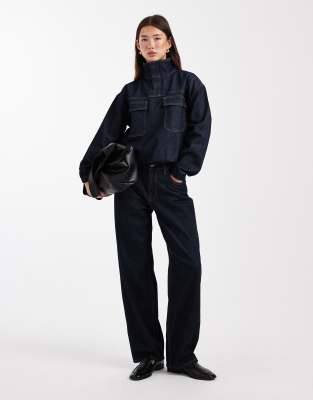 ASOS DESIGN - Jeanshemd in Indigo mit Stehkragen-Marineblau