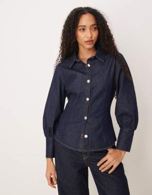 ASOS DESIGN - Jeanshemd in Indigoblau mit Puffärmeln und Kragen
