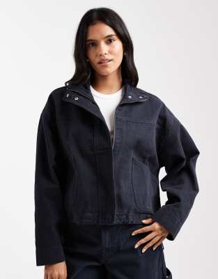 ASOS DESIGN - Jeansjacke in Marineblau mit Stehkragen, Kombiteil