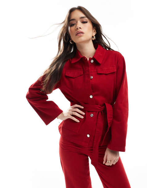 ASOS DESIGN – Jeansjacke in Rot mit Bindegürtel - view 1