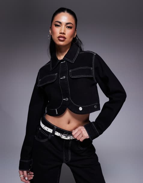 ASOS DESIGN – Jeansjacke in Schwarz mit Kontrastnaht - view 1