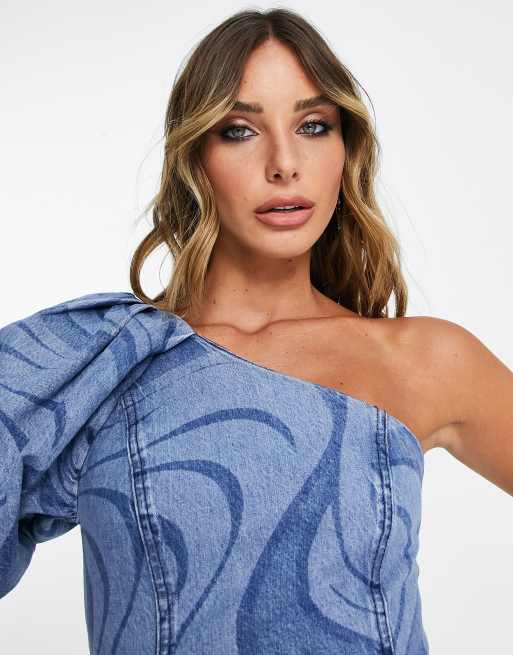 ASOS DESIGN – Jeanskleid mit Wirbelmuster und Puffärmeln - LBLUE, 3 von 4