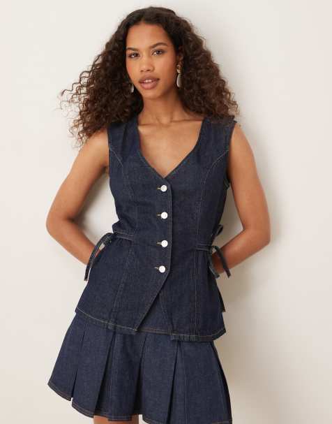 ASOS DESIGN denim waistcoat with tie up cinch sides in indigo