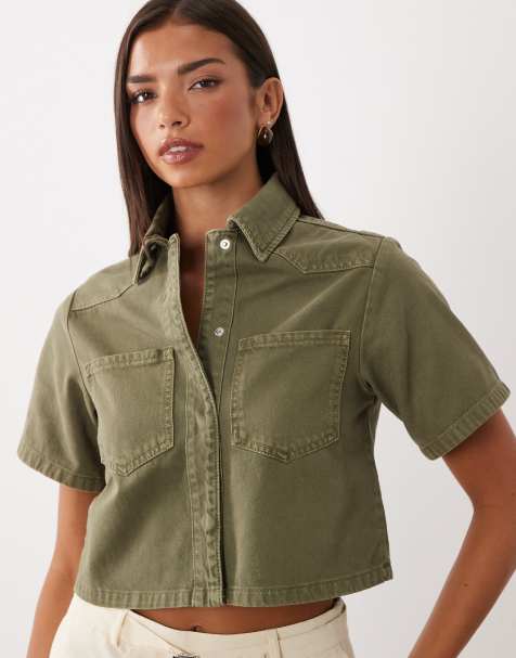 ASOS DESIGN – Jeansowa krótka koszula w kolorze khaki - view 1
