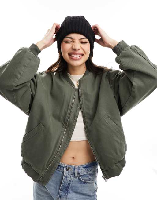ASOS DESIGN – Jeansowa kurtka bomberka w kolorze khaki 