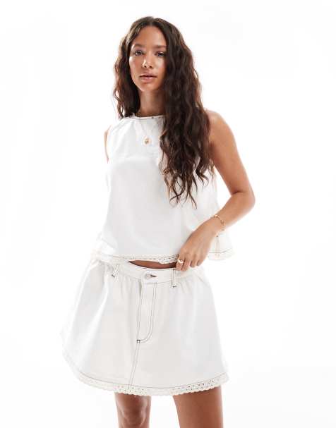 ASOS DESIGN gathered denim micro skirt with broderie trim in ecru