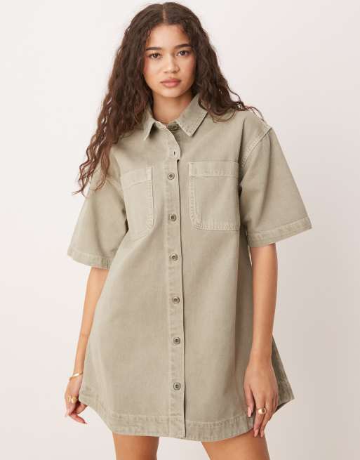 ASOS DESIGN – Jeansowa sukienka koszulowa mini z krótkimi rękawami w kolorze khaki