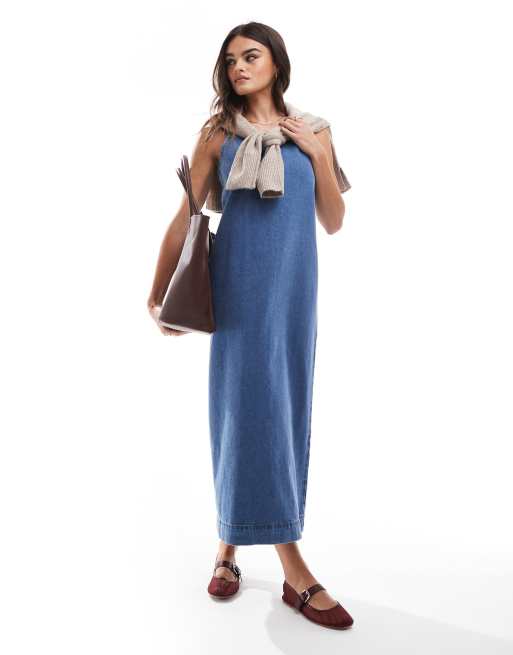 ASOS DESIGN – Jeansowa sukienka maxi na ramiączkach wiązanych na kokardkę w kolorze indygo