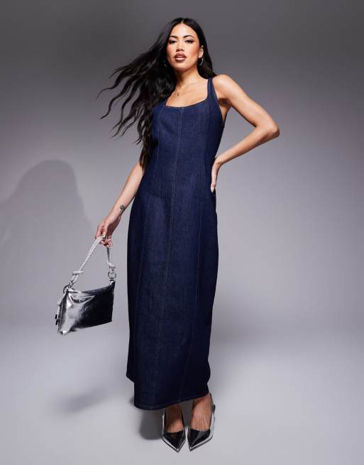 ASOS DESIGN – Jeansowa sukienka maxi w kolorze indygo z ozdobnymi szwami