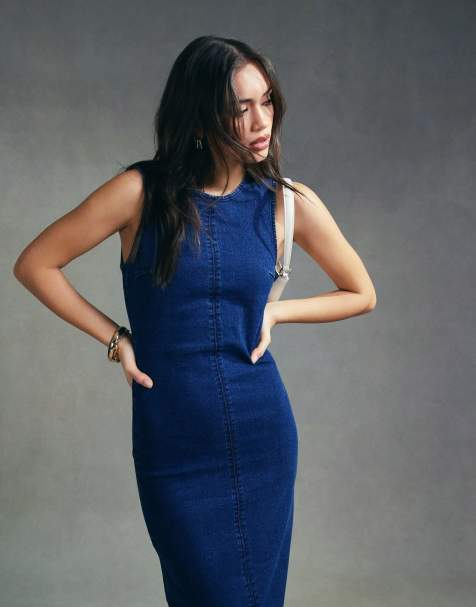 ASOS DESIGN – Jeansowa sukienka midi bez rękawów z ozdobnymi szwami - view 1