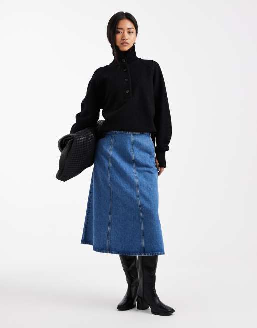 ASOS DESIGN – Jeansowa trapezowa spódnica w kolorze indygo z ozdobnymi szwami z przodu