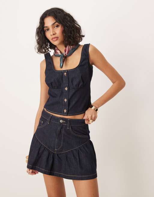 ASOS DESIGN – Jeansowy gorsetowy top w kolorze spranego indygo z ozdobnym szwem pod biustem, część zestawu