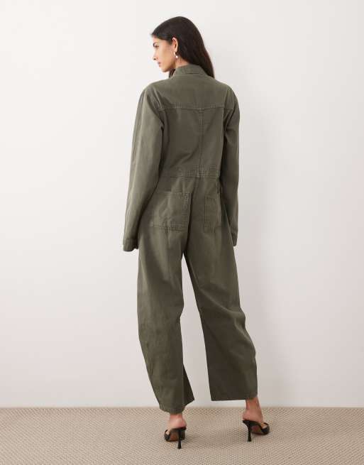 ASOS DESIGN – Jeansowy kombinezon z baryłkowymi nogawkami w kolorze khaki, 3 z 4