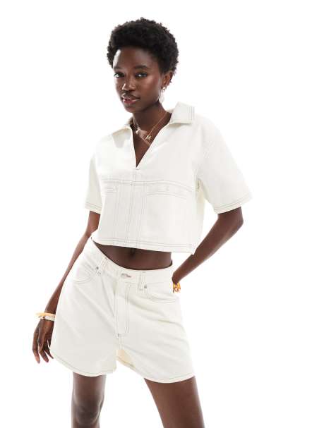 ASOS DESIGN denim rugby top in ecru co-ord