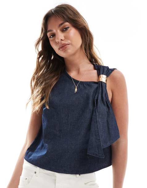 ASOS DESIGN denim top with asymmetric neck and gold hardware