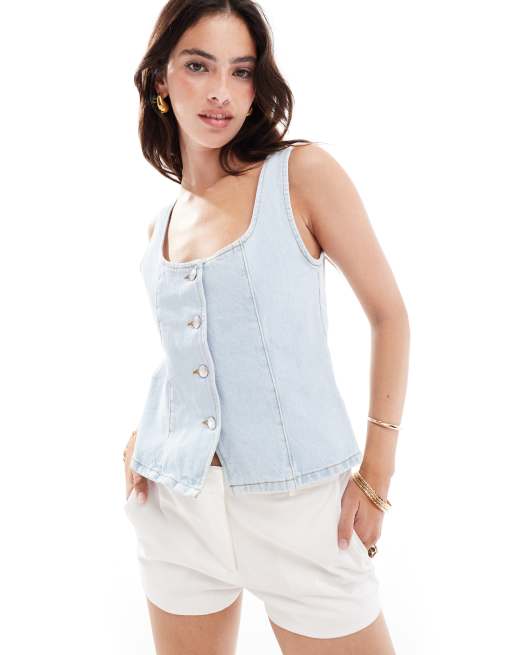 ASOS DESIGN – Jeansowy, usztywniany top z efektem wybielenia