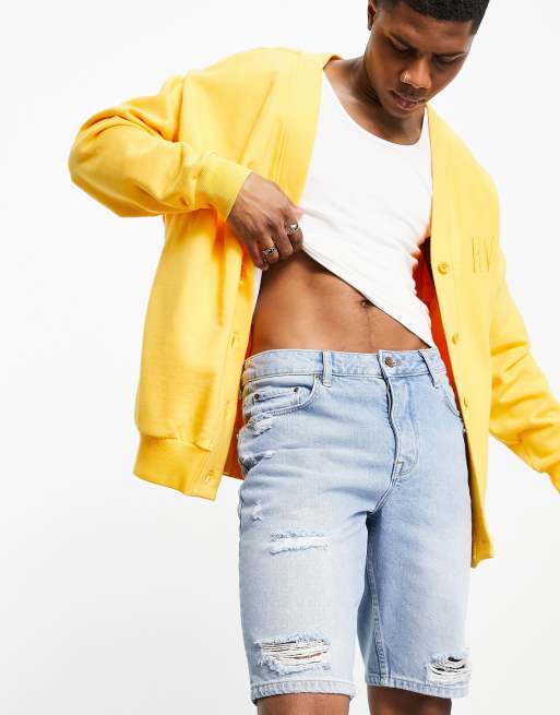ASOS DESIGN – Jeansshorts i ljus tvätt med smal passform och revor