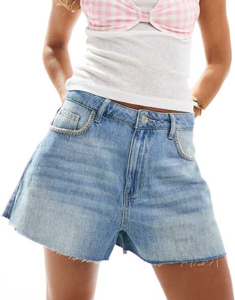 ASOS DESIGN – Jeansshorts in Mittelblau in A-Linie mit Kontrastnaht - view 1