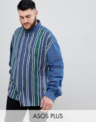 ASOS DESIGN – Jeansskjorta i plusstorlek och oversize-modell med ränder framtill-Blå