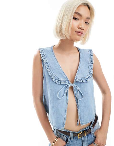 ASOS DESIGN – Jeansweste mit Bindedetail vorne und Rüschenkragen - view 1