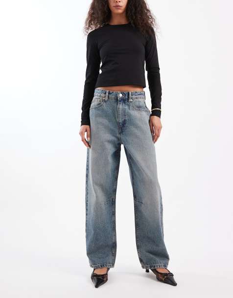ASOS DESIGN ankle grazer barrel jeans with cinch waist in dark vintage wash 