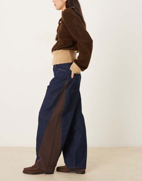 ASOS DESIGN – Jeansy barrel w kolorze indygo ze sztruksowymi wstawkami po bokach - view 1