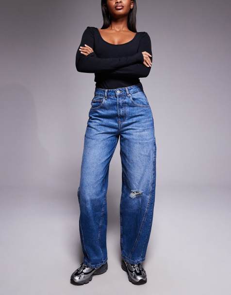 ASOS DESIGN barrel leg jeans with panelling and cinch in midwash with rips