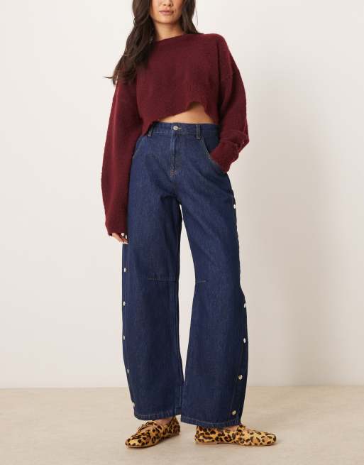 ASOS DESIGN – Jeansy o krótkim fasonie z baryłkowatymi nogawkami i zatrzaskami w kolorze indygo