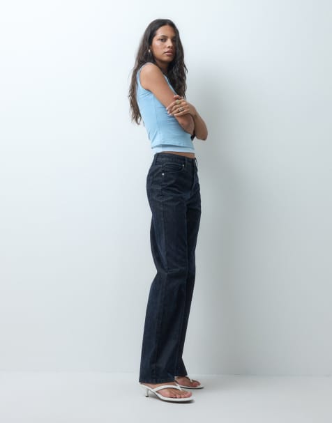ASOS DESIGN jeansy o prostych nogawkach z flokowanym wykończeniem, granatowe - view 1