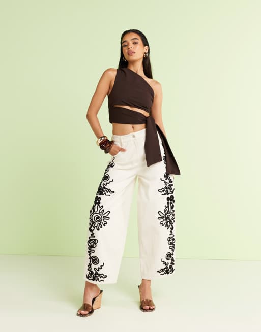 ASOS DESIGN – Jeansy w kolorze ecru z baryłkowymi nogawkami, podwyższonym stanem i wzorem cornelli