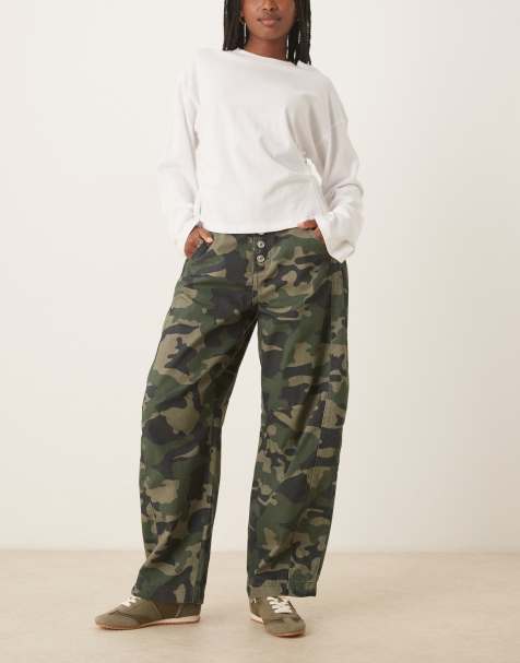 ASOS DESIGN cropped barrel leg jean with button fly in camouflage print