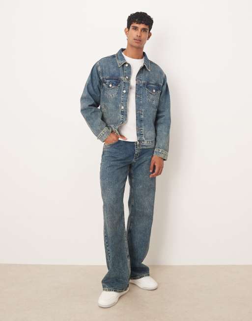 ASOS DESIGN – Jeansy z szerokimi nogawkami w niebieskim kolorze z żółtym odcieniem, część zestawu